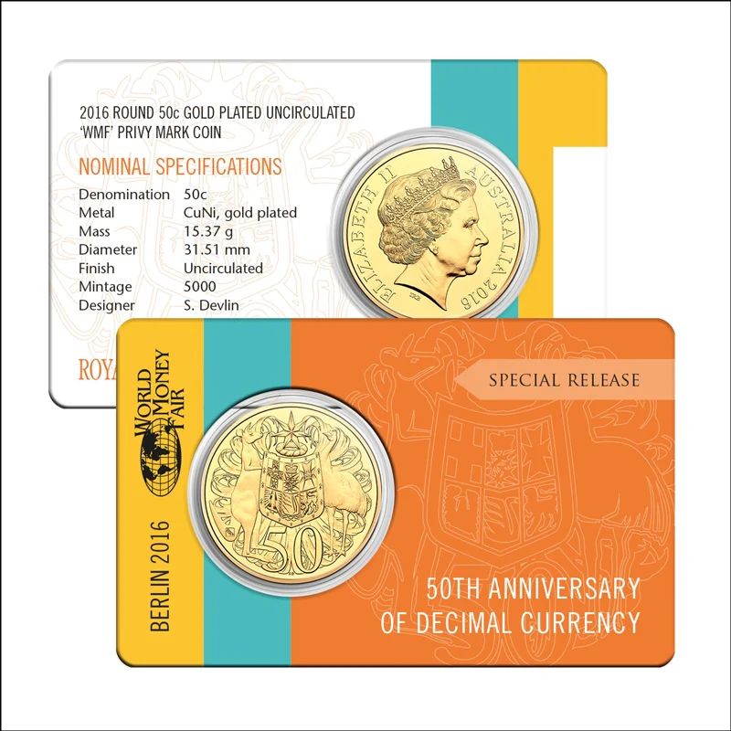2016 50c 50th Ann. of Decimal Currency WMF Privy Mark Gold Plated UNC - Image 3