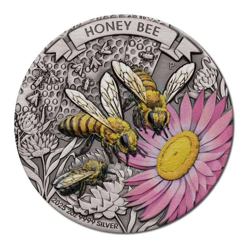 2025 Honey Bee 2oz Silver Antiqued Coloured Coin - Image 2