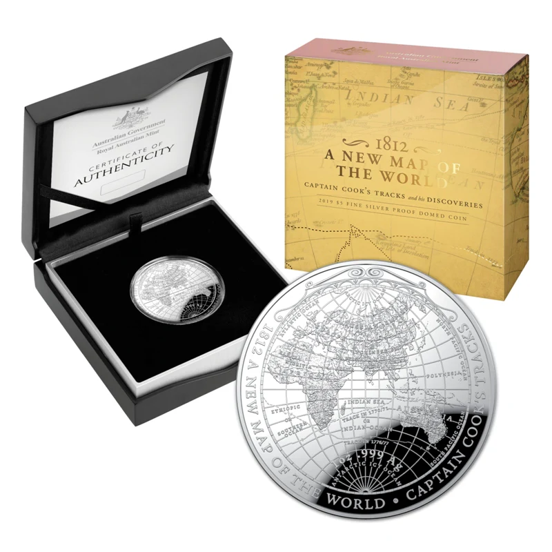 $5 2019 - 1812 A New Map of the World Silver Proof Domed Coin