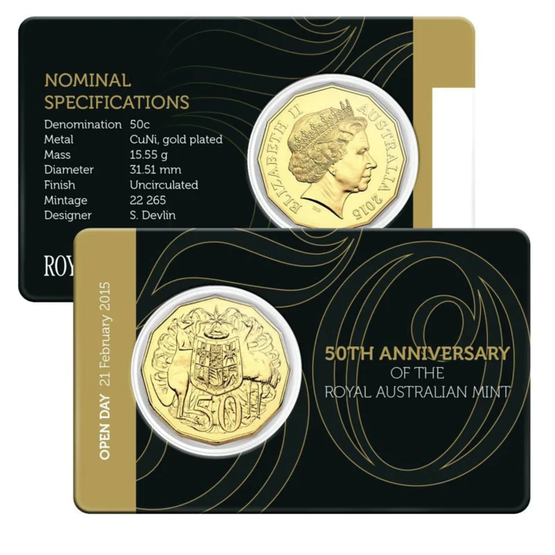 50c 2015 50th Ann. of the Royal Australian Mint Gold Plated 'Open Day' UNC - Image 2