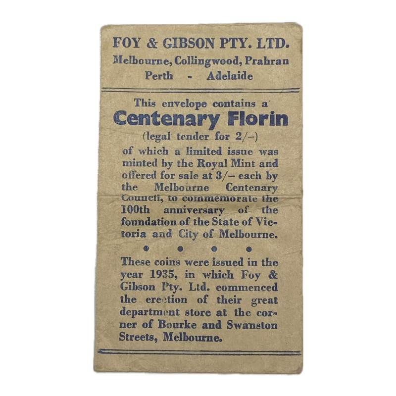 Australia 1934/5 Centenary Florin with Melbourne Foy's Bag - Image 2
