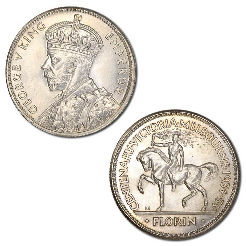 Australia 1934/5 Melbourne Centenary Florin with Perth Foy's Bag - Image 2