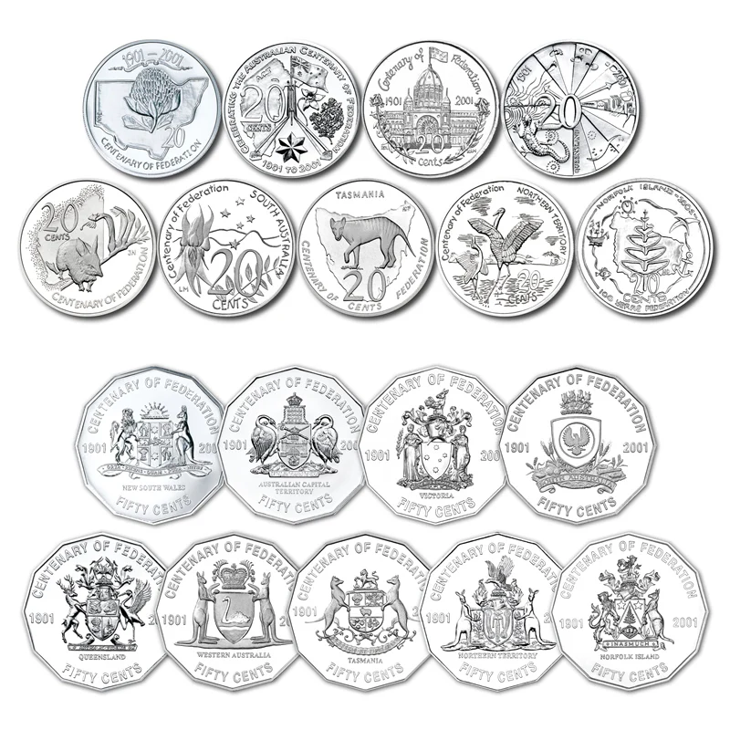 Australia 2001 Centenary of Federation 20c 50c Set of 18 Coins